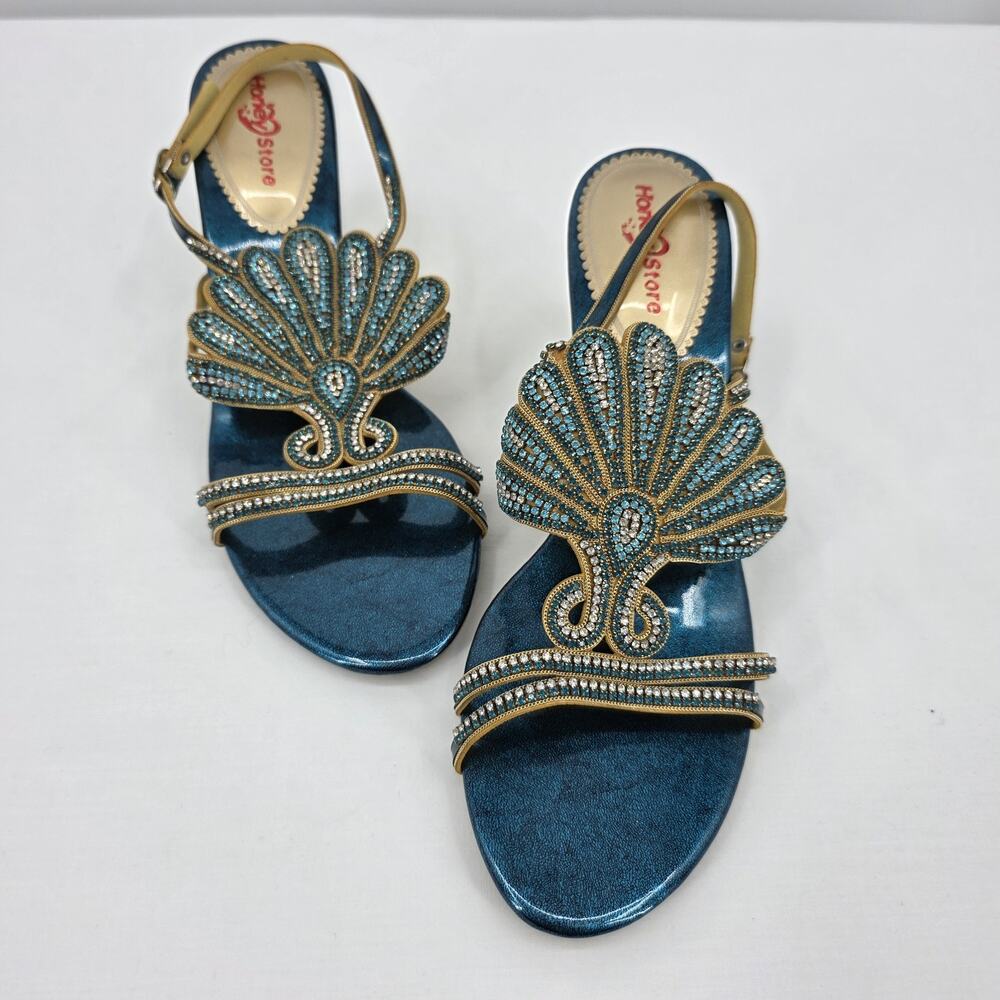 Rhinestone Seashell Sandal Heel Womens 10 Teal Gold Jeweled Kitten New in Box